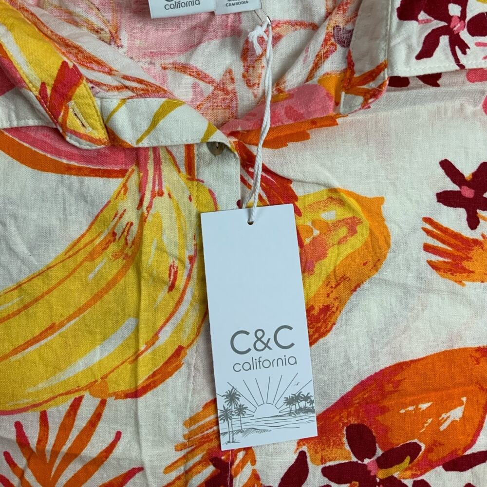 C&C California Linen Blend Tropical Floral Button Shirt Womens Medium NWT Crop - Picture 2 of 8